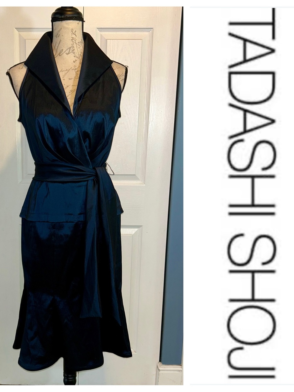Vintage Tadashi Shoji Sleeveless Collared Midi Cocktail Mother of Bride Dress 8